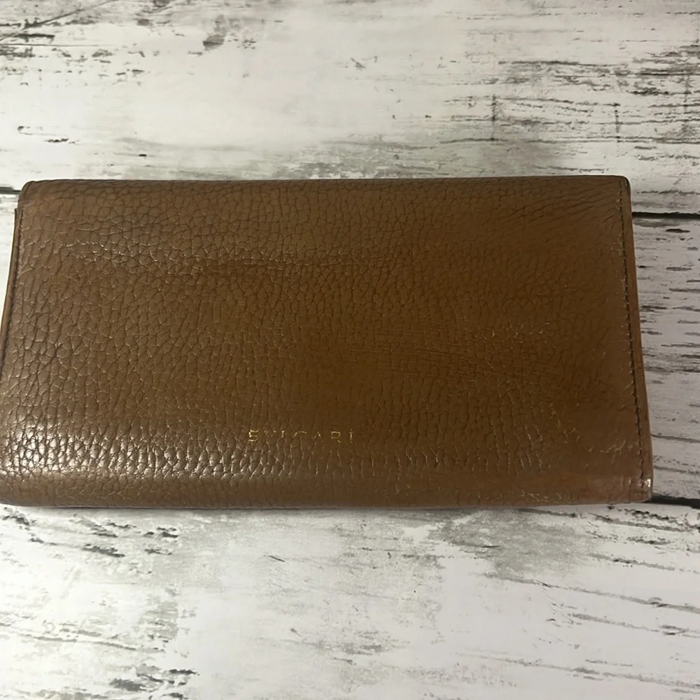 BVLGARI Bulgari Brown Pebbled Leather Wallet Clutch